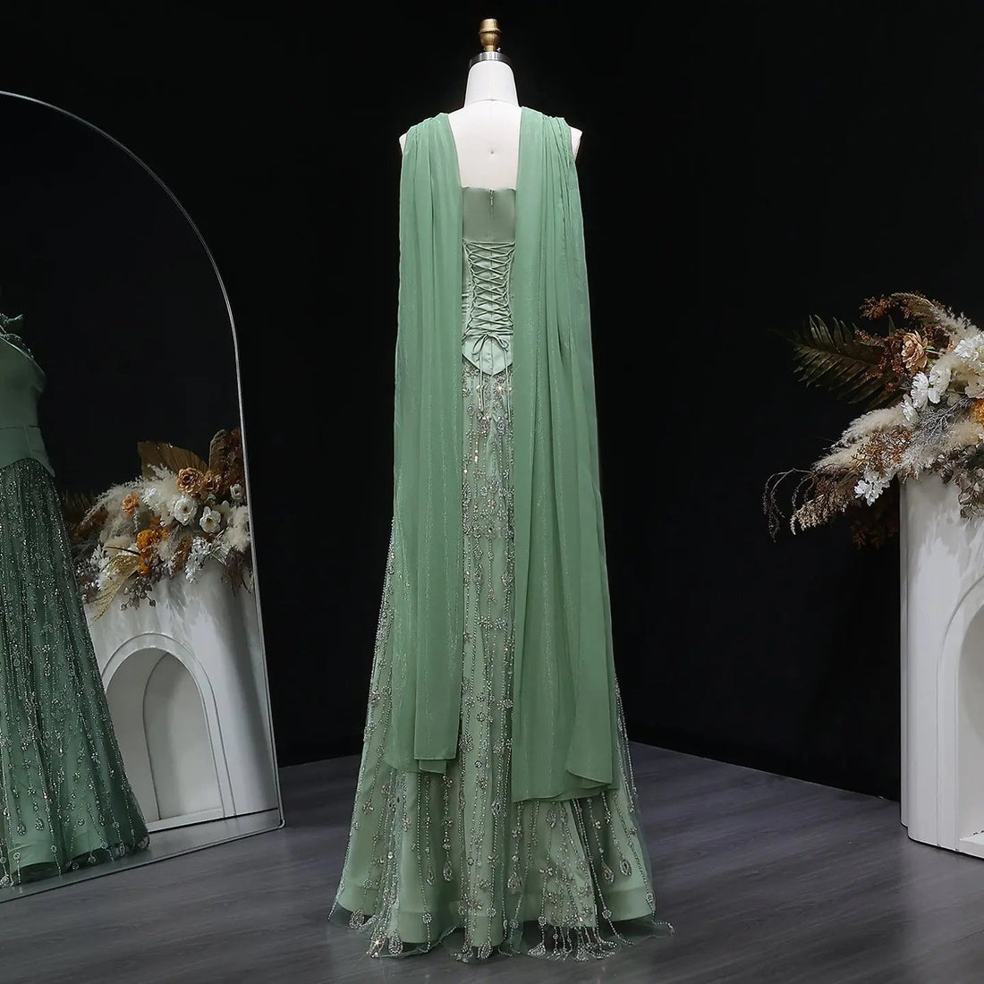 Luxury Vibrant Strapless Green Beaded Evening Dress with Scarf SS627