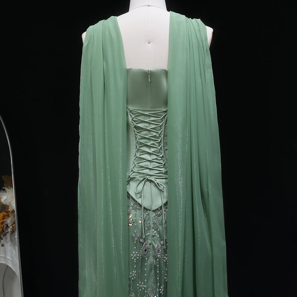 Elegant Vibrant Green Strapless Beaded Evening Dress with Scarf SS627