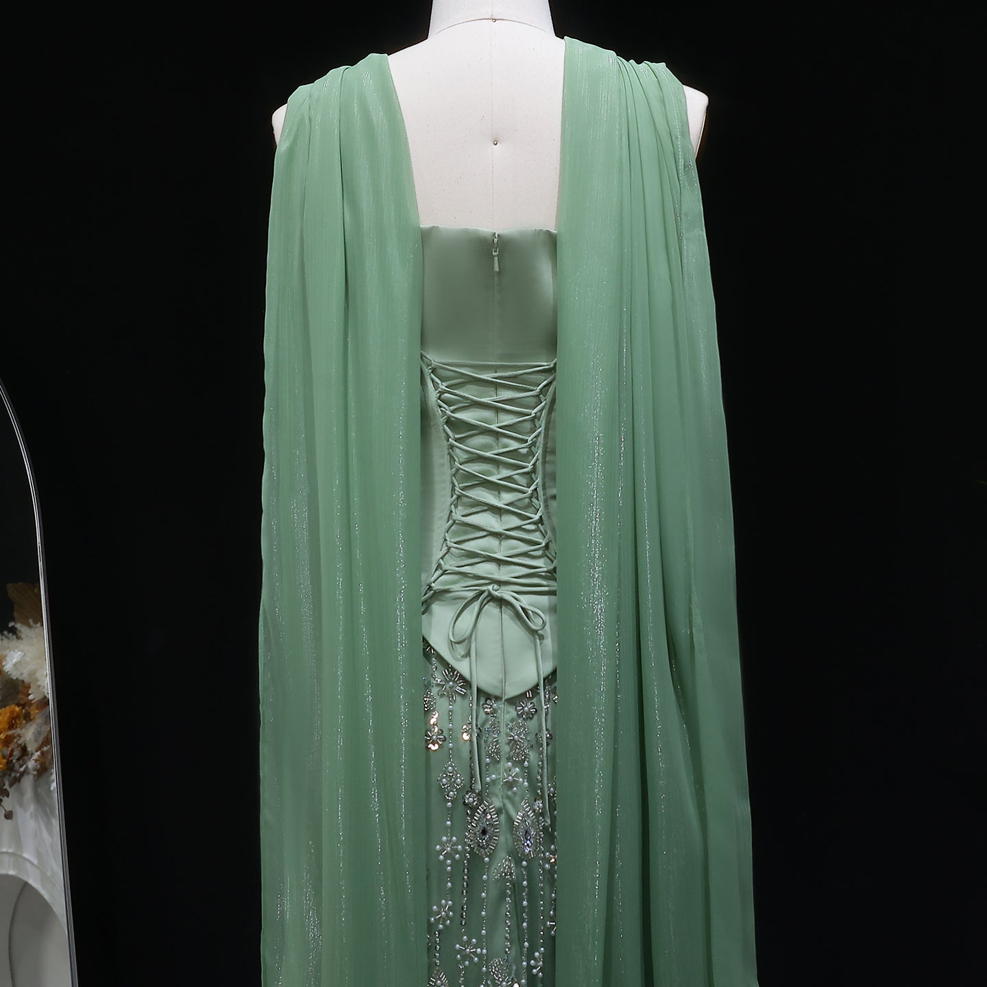 Elegant Vibrant Green Strapless Beaded Evening Dress with Scarf SS627