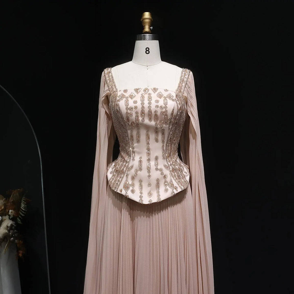 Elegant Wine Red Beaded Corset Evening Dress with Cape Sleeves SS349
