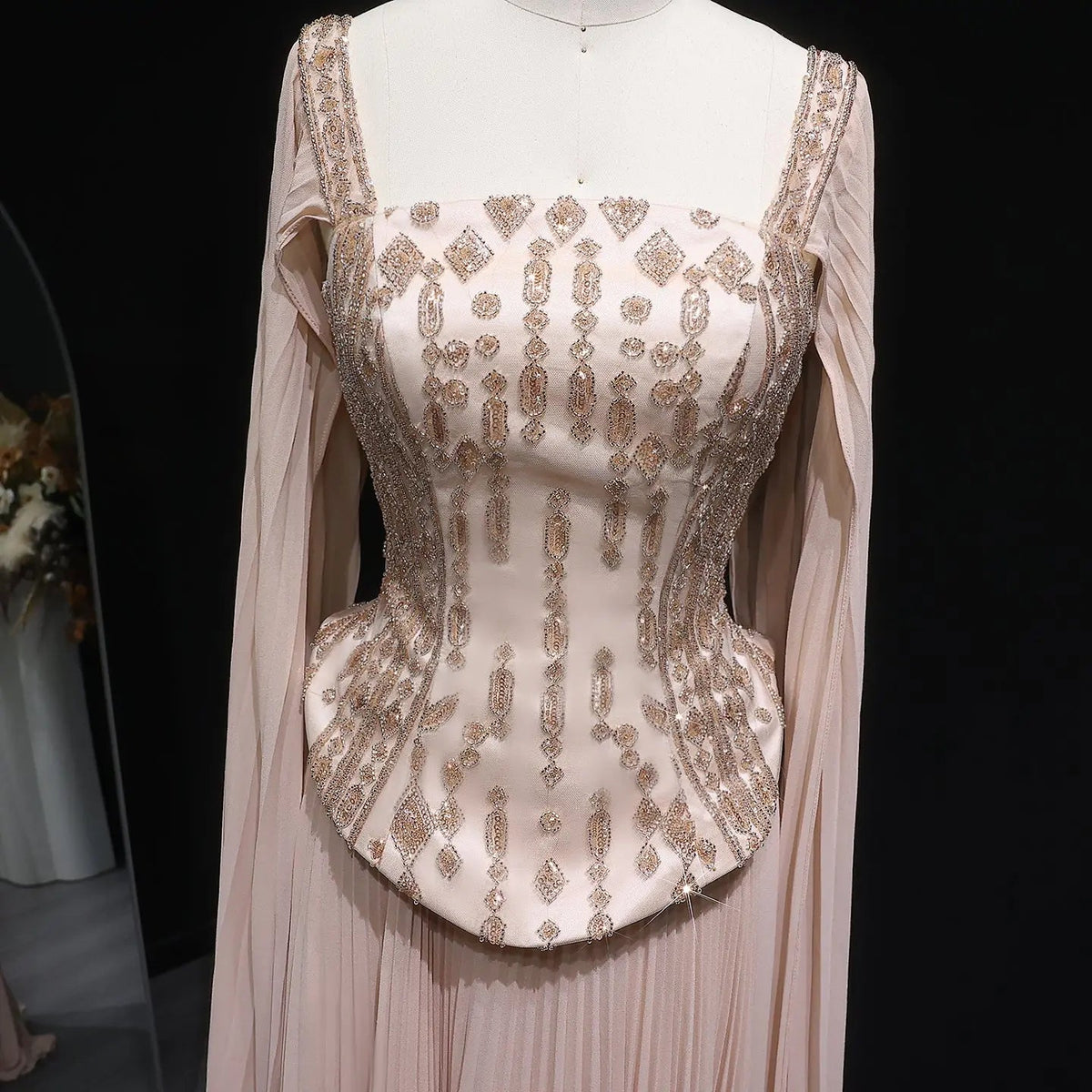 Elegant Wine Red Beaded Corset Evening Dress with Cape Sleeves SS349