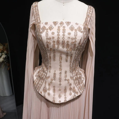 Elegant Wine Red Beaded Corset Evening Dress with Cape Sleeves SS349