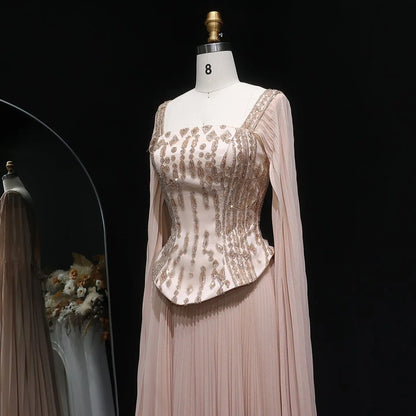 Elegant Wine Red Beaded Corset Evening Dress with Cape Sleeves SS349
