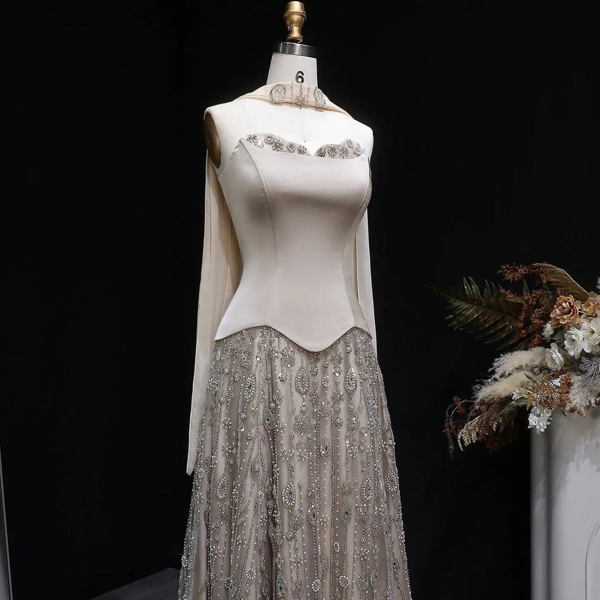 Luxury Vibrant Strapless Green Beaded Evening Dress with Scarf SS627