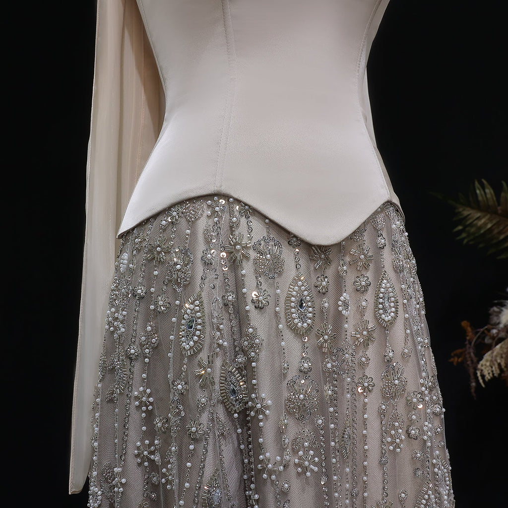 Elegant Vibrant Green Strapless Beaded Evening Dress with Scarf SS627