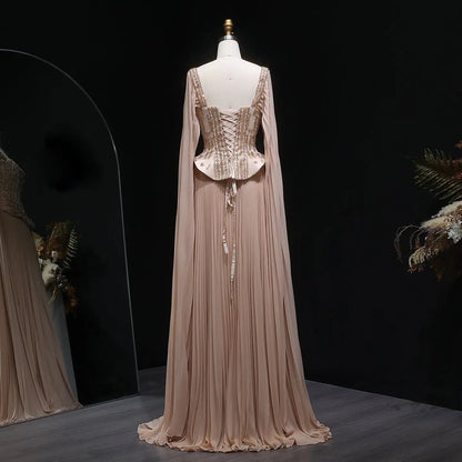 Elegant Wine Red Beaded Corset Evening Dress with Cape Sleeves SS349