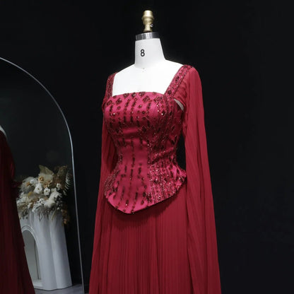 Elegant Wine Red Beaded Corset Evening Dress with Cape Sleeves SS349