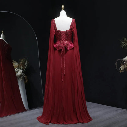 Elegant Wine Red Beaded Corset Evening Dress with Cape Sleeves SS349