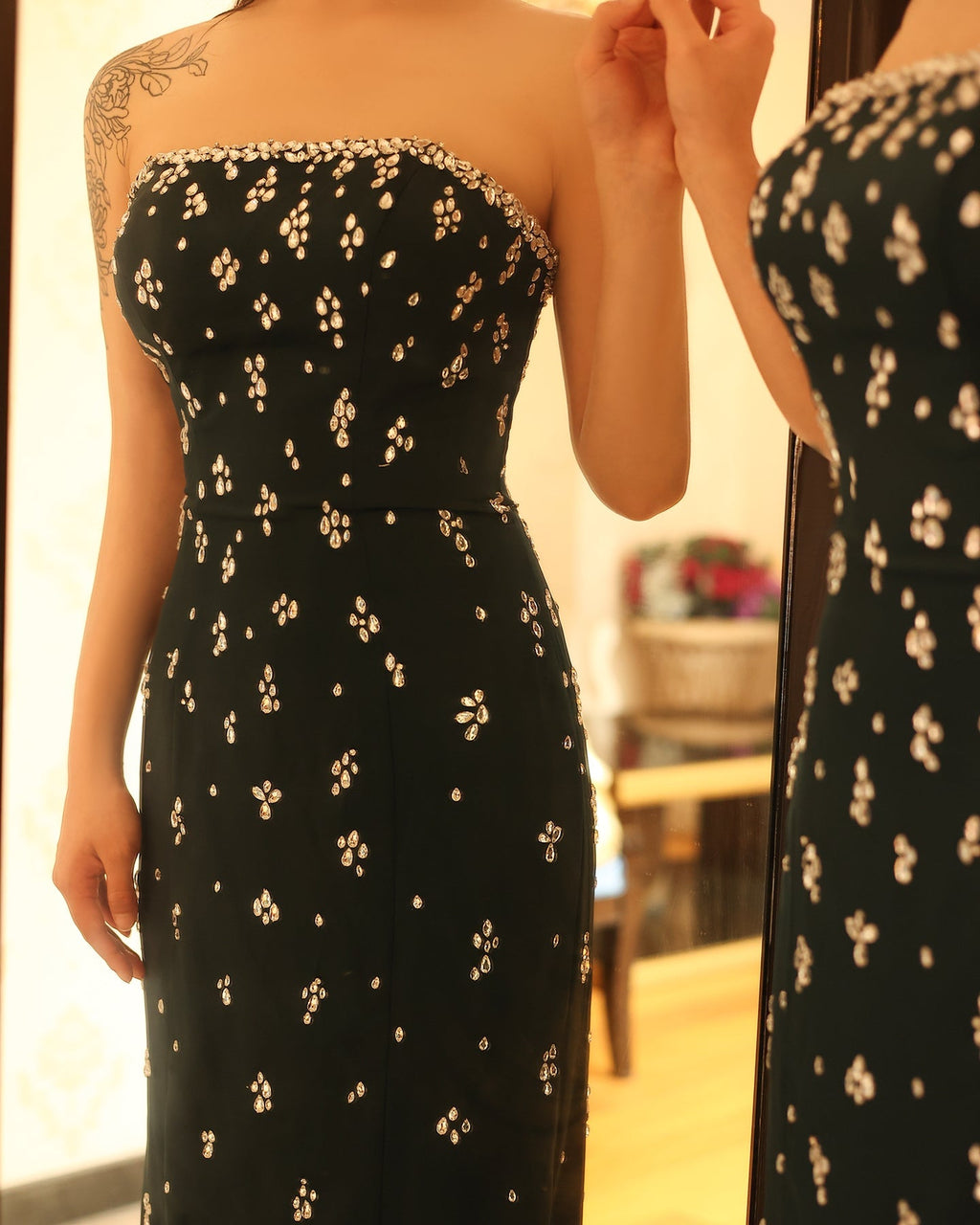 Elegant Rhinestones Strapless Emerald Green Evening Dress SS221