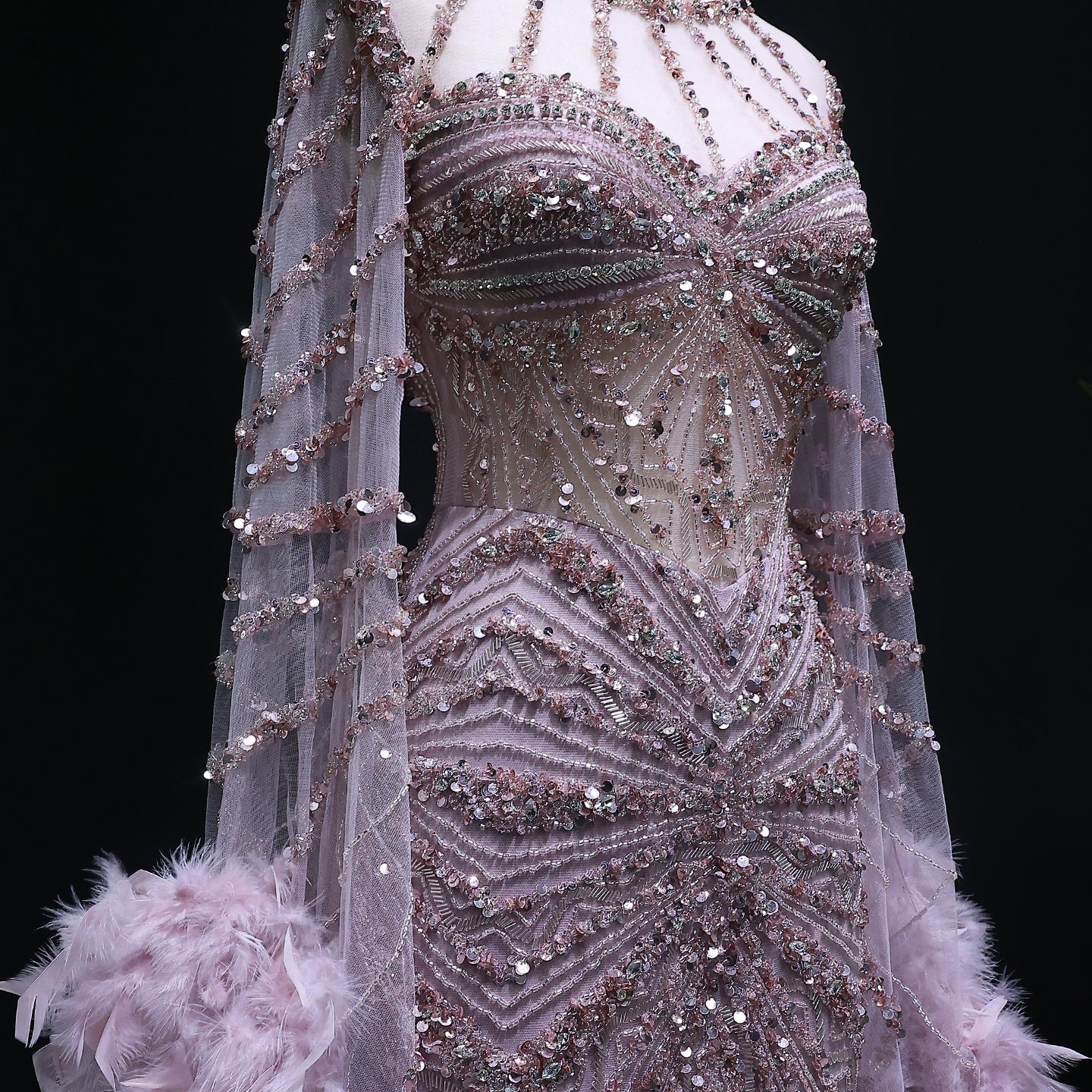 Luxury Beaded Evening Dress with Feather Cape Sleeves SS082