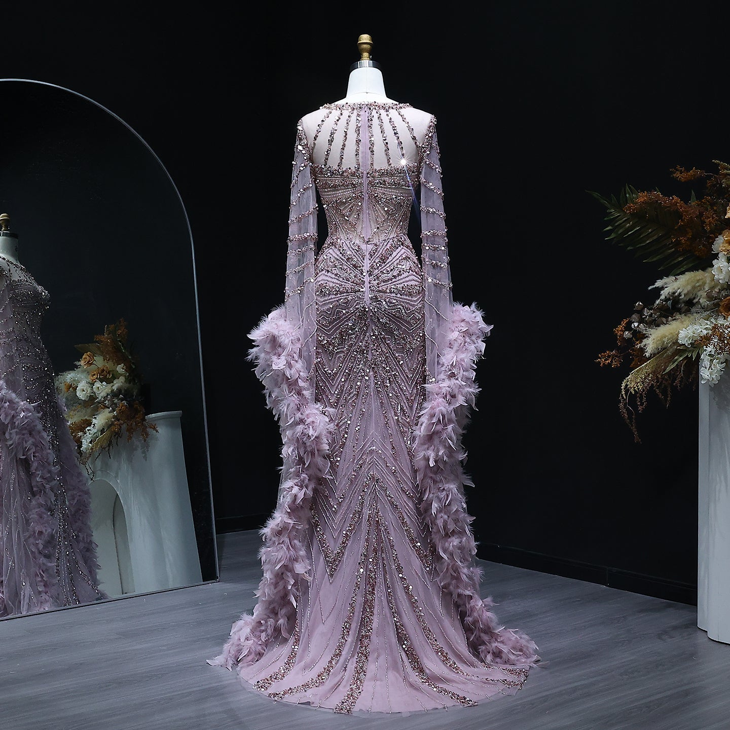 Luxury Beaded Evening Dress with Feather Cape Sleeves SS082