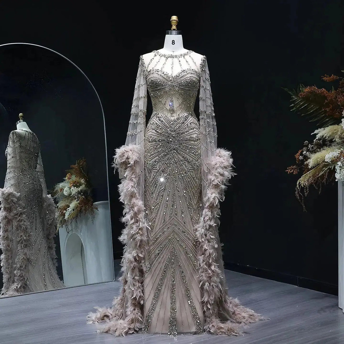 Luxury Beaded Evening Dress with Feather Cape Sleeves SS082