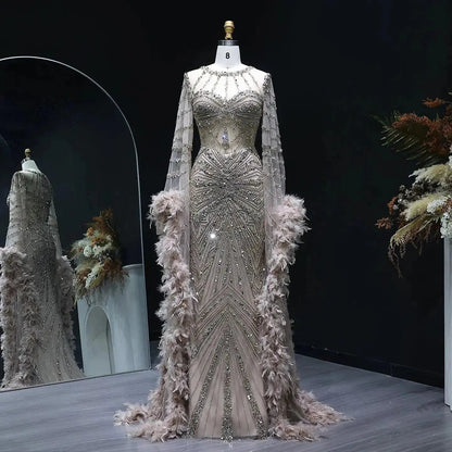 Luxury Beaded Evening Dress with Feather Cape Sleeves SS082