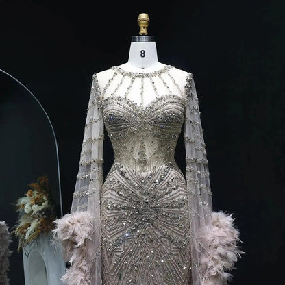 Luxury Beaded Evening Dress with Feather Cape Sleeves SS082