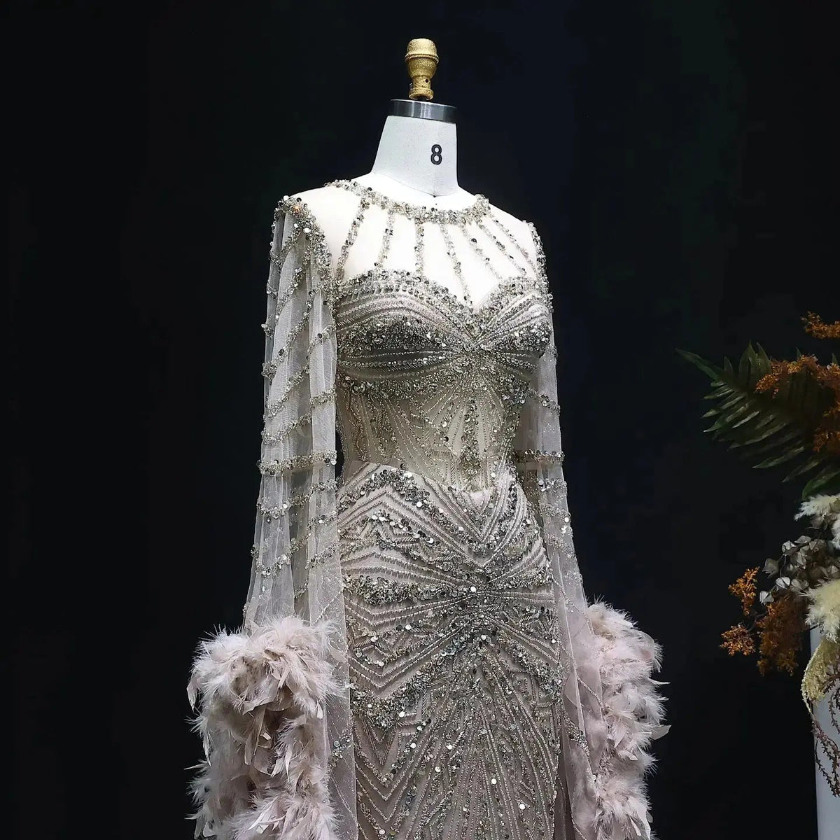 Luxury Beaded Evening Dress with Feather Cape Sleeves SS082