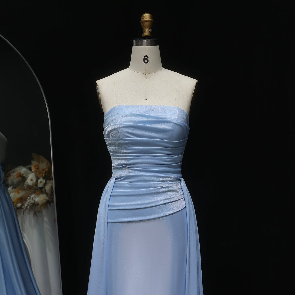 Elegant Sky Blue Strapless Satin Evening Dress with Overskirt SF229