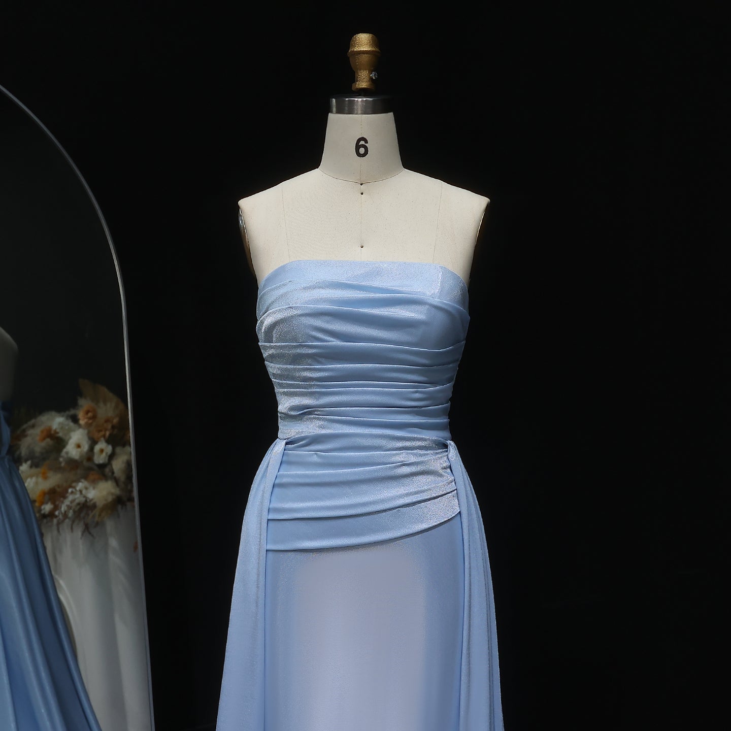 Elegant Sky Blue Strapless Satin Evening Dress with Overskirt SF229