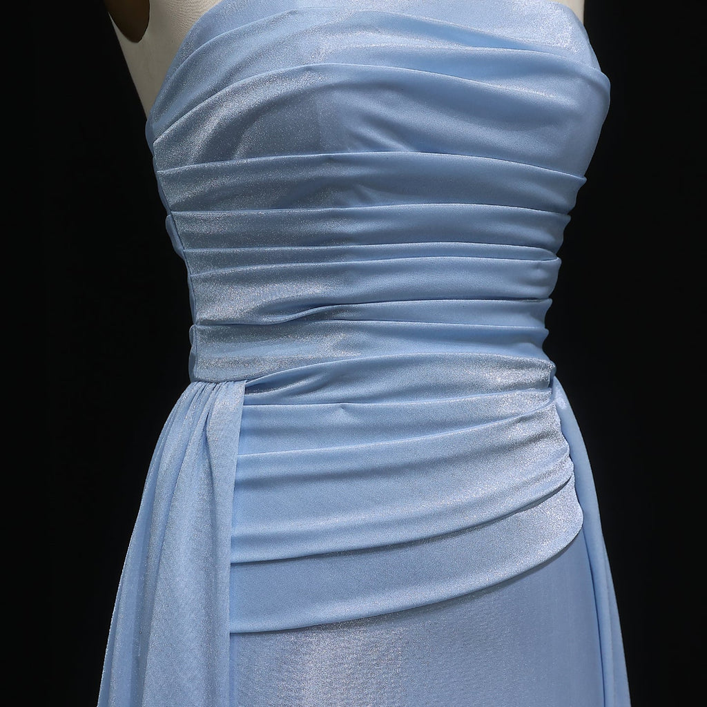 Elegant Sky Blue Strapless Satin Evening Dress with Overskirt SF229
