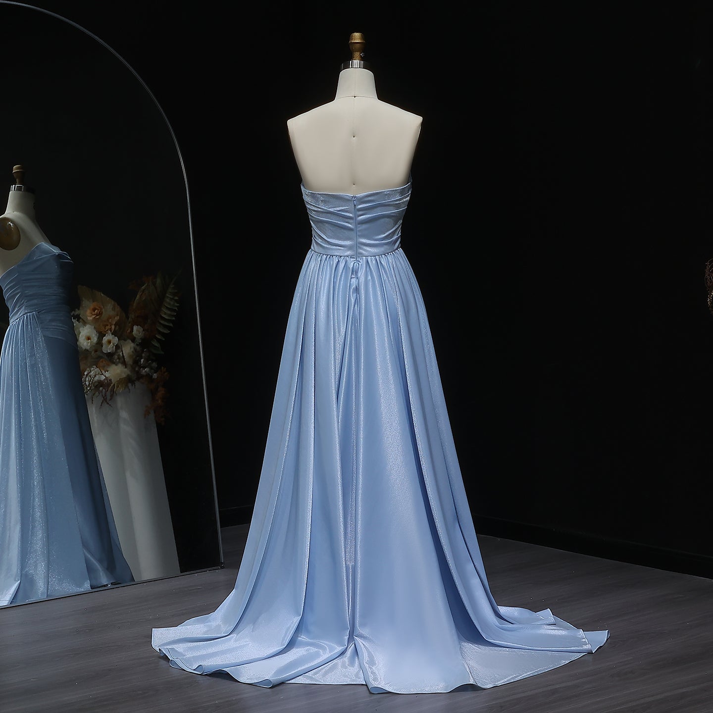 Elegant Sky Blue Strapless Satin Evening Dress with Overskirt SF229