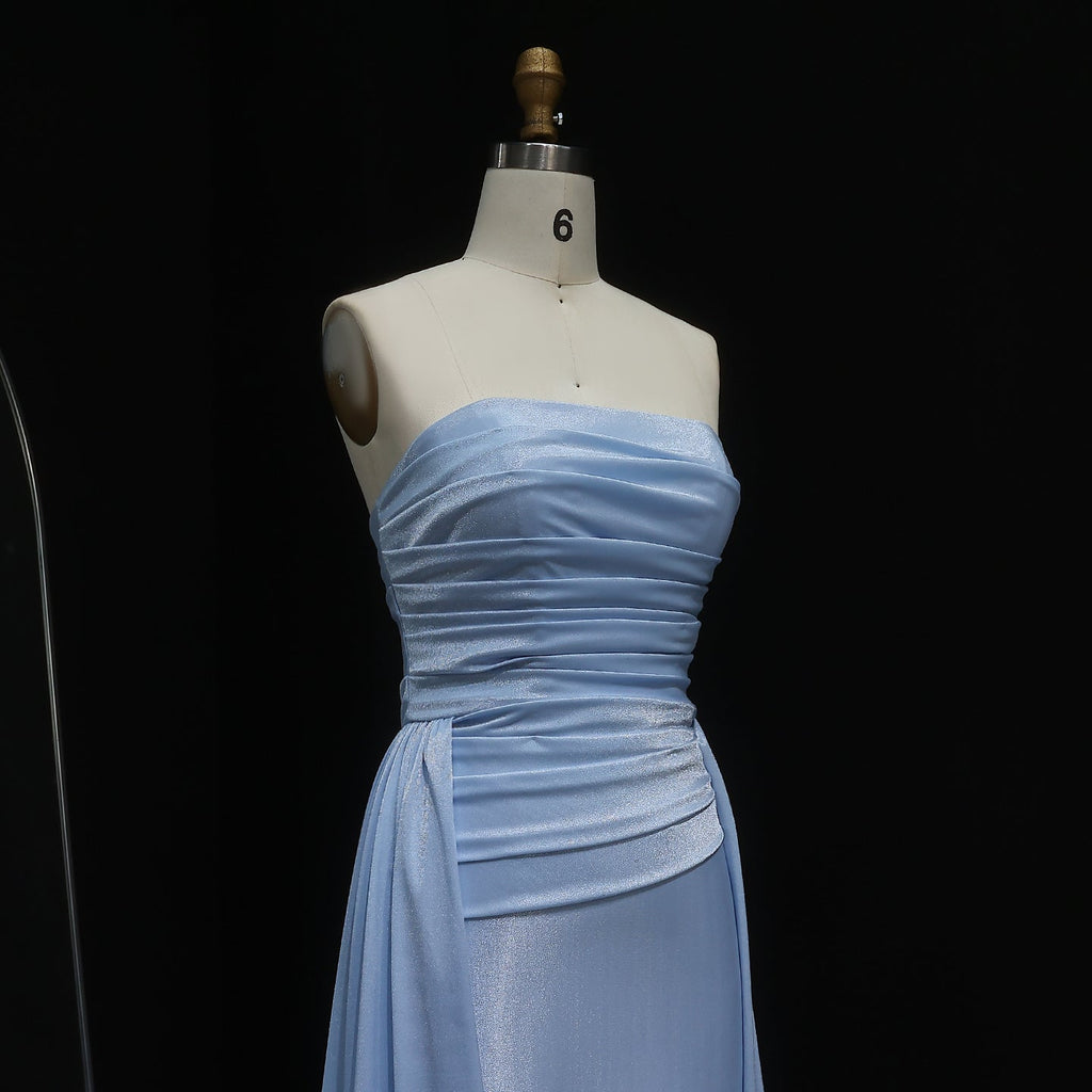 Elegant Sky Blue Strapless Satin Evening Dress with Overskirt SF229