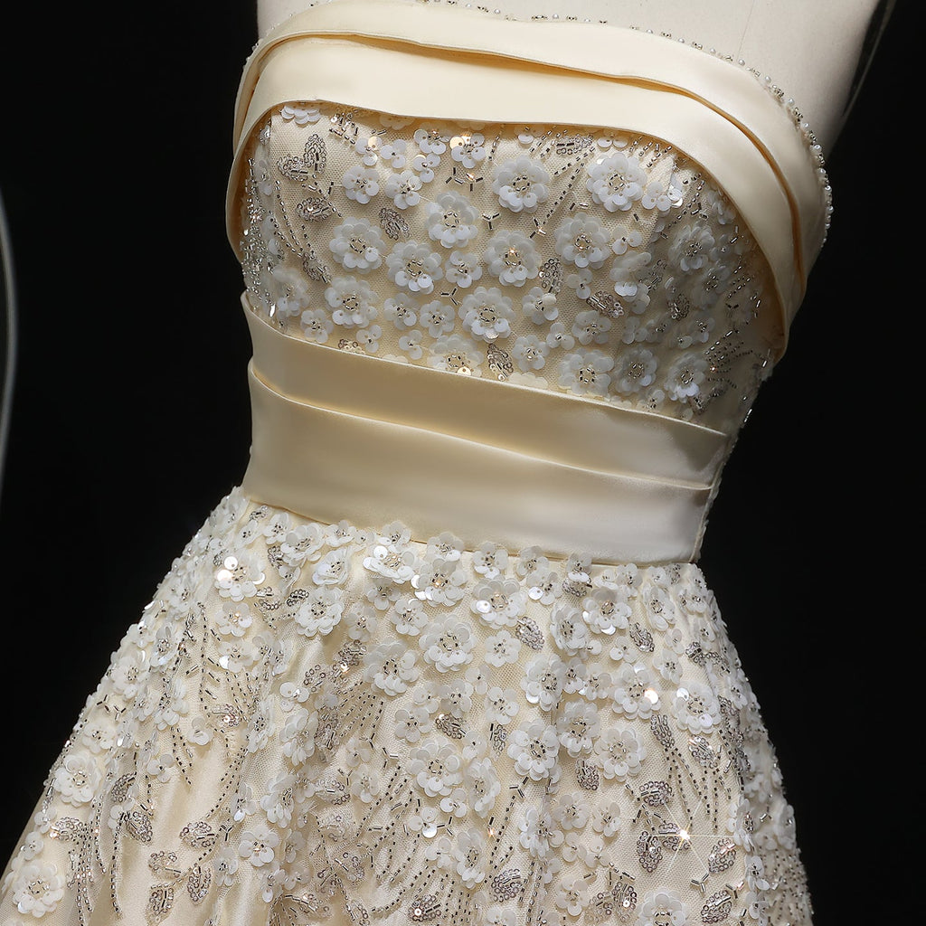 Elegant 3D Floral Beaded Champagne Sequin Evening Dress XD045