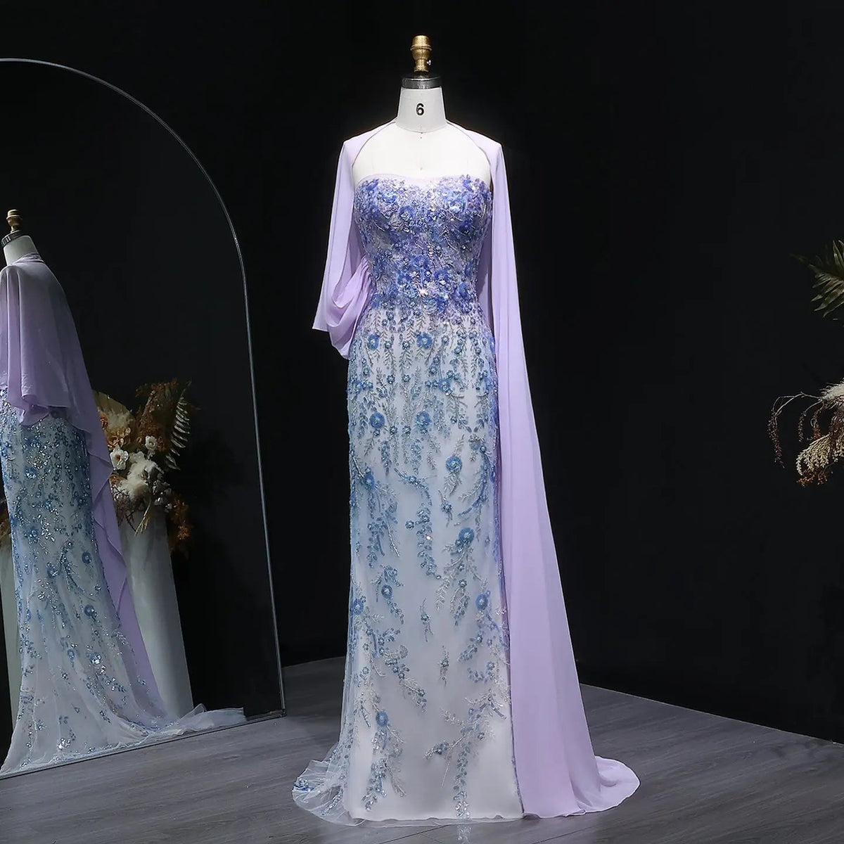 Luxury Crystal Beaded Lilac Evening Dress with Cape SS641
