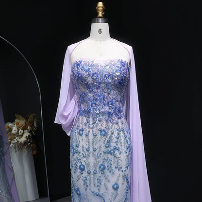 Luxury Crystal Beaded Lilac Evening Dress with Cape SS641