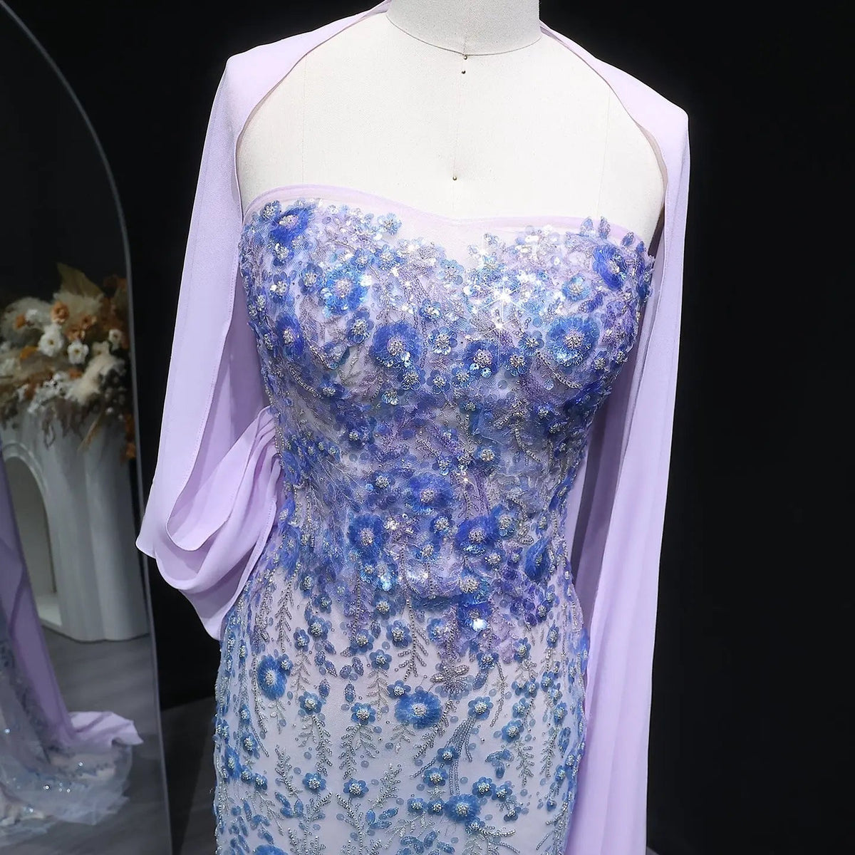 Luxury Crystal Beaded Lilac Evening Dress with Cape SS641