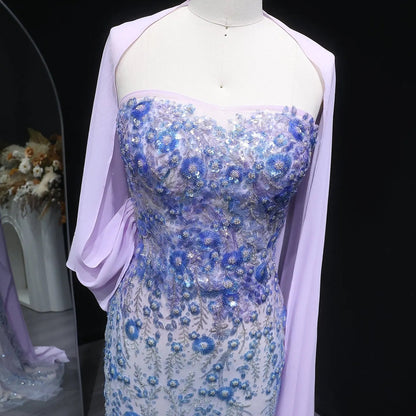Luxury Crystal Beaded Lilac Evening Dress with Cape SS641