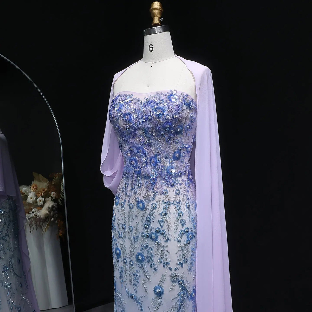 Luxury Crystal Beaded Lilac Evening Dress with Cape SS641