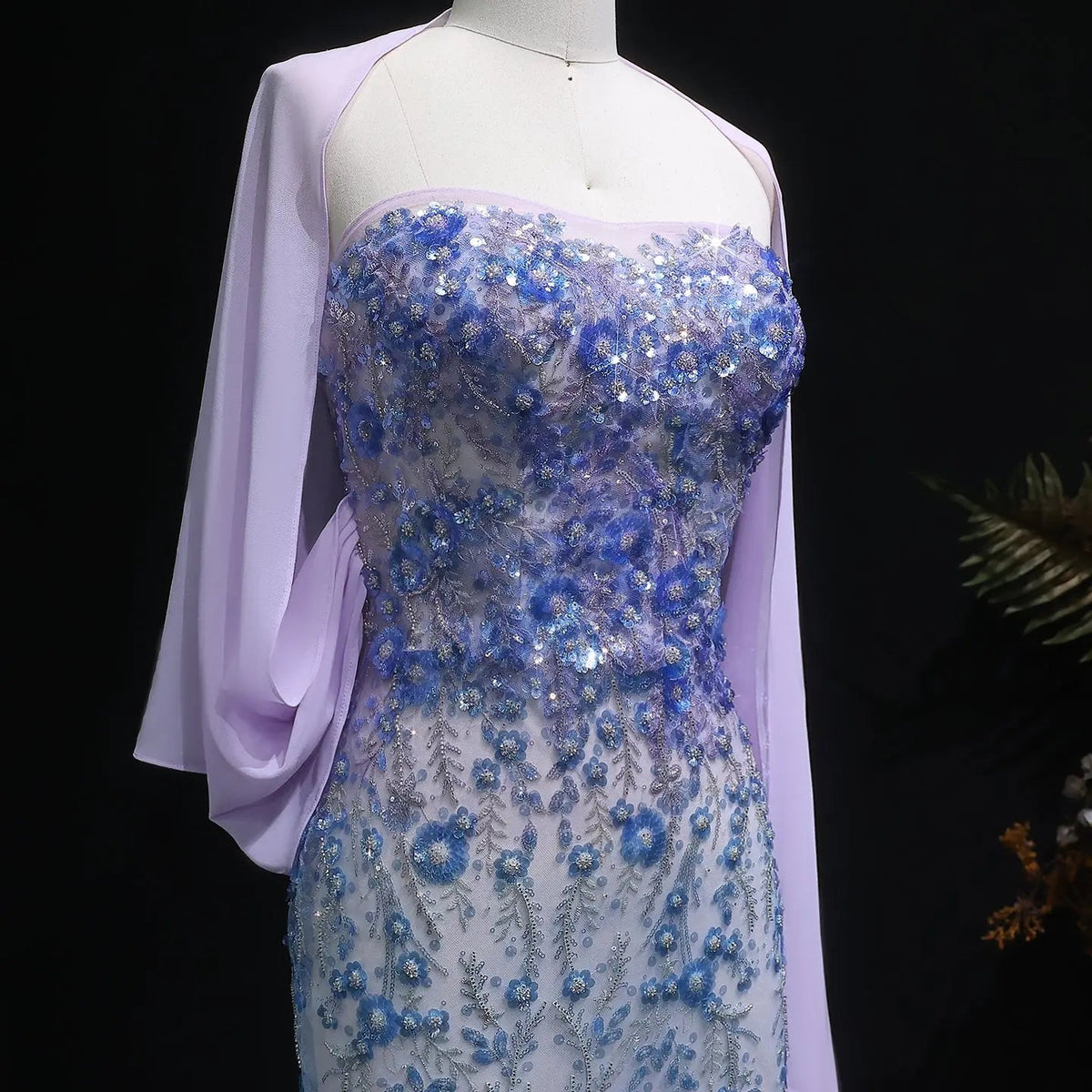 Luxury Crystal Beaded Lilac Evening Dress with Cape SS641