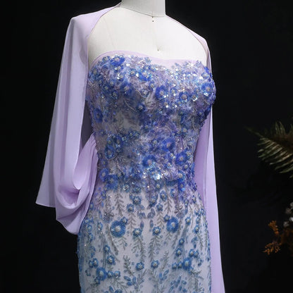Luxury Crystal Beaded Lilac Evening Dress with Cape SS641
