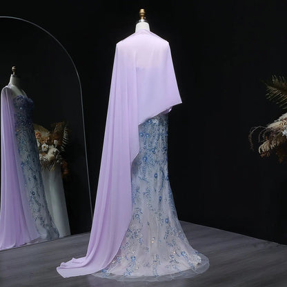 Luxury Crystal Beaded Lilac Evening Dress with Cape SS641