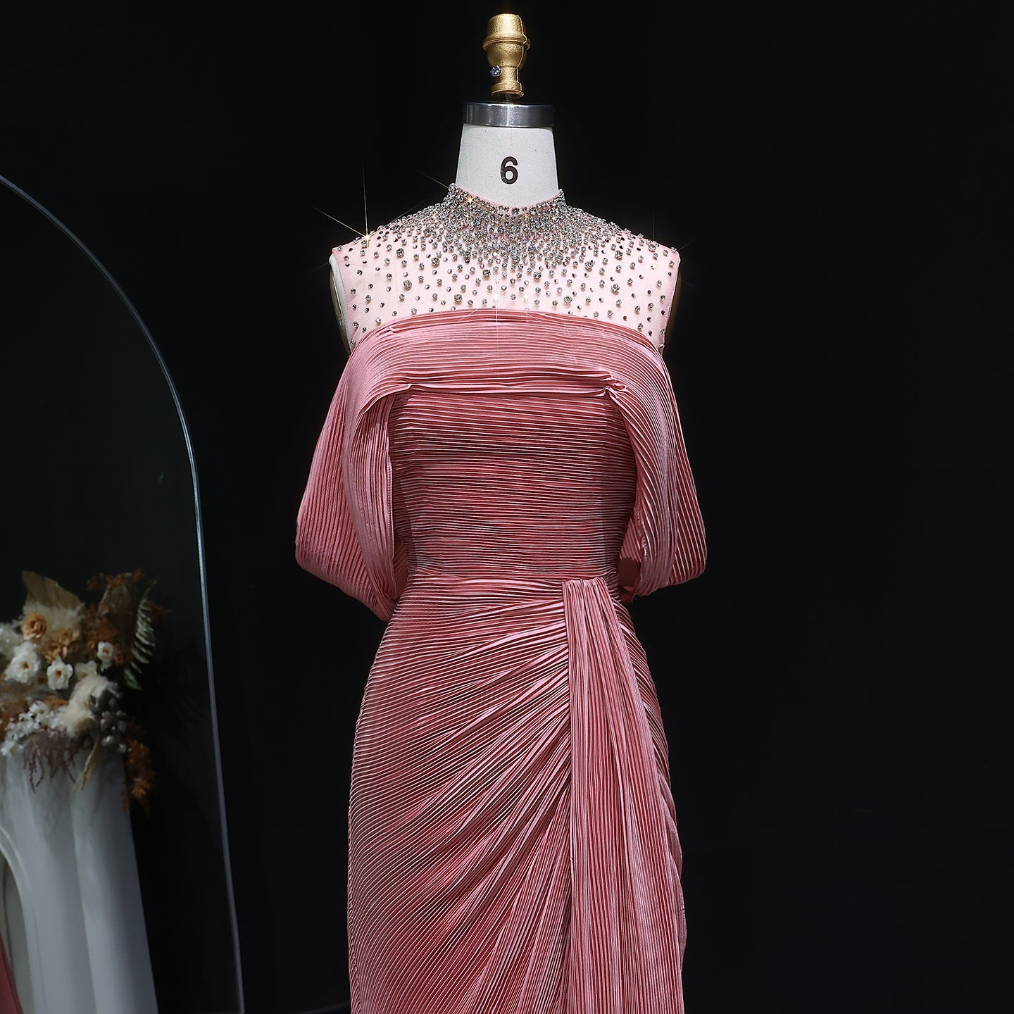 Luxury Purple Off-Shoulder Crystal Pleated Evening Dress with Overskirt SF407