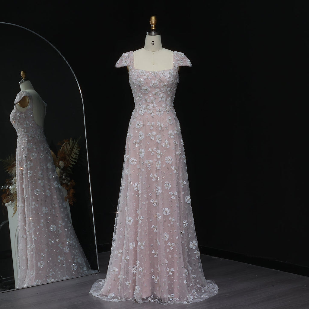 Chic Pink Floral Open Back Evening Dress SS602
