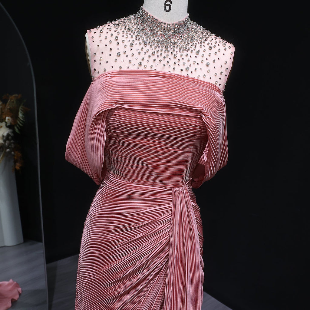 Luxury Purple Off-Shoulder Crystal Pleated Evening Dress with Overskirt SF407