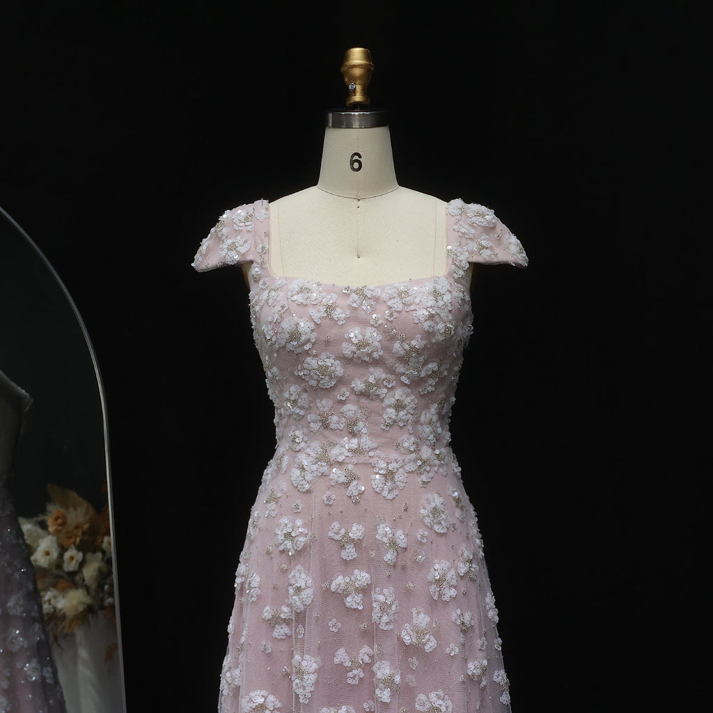 Chic Pink Floral Open Back Evening Dress SS602