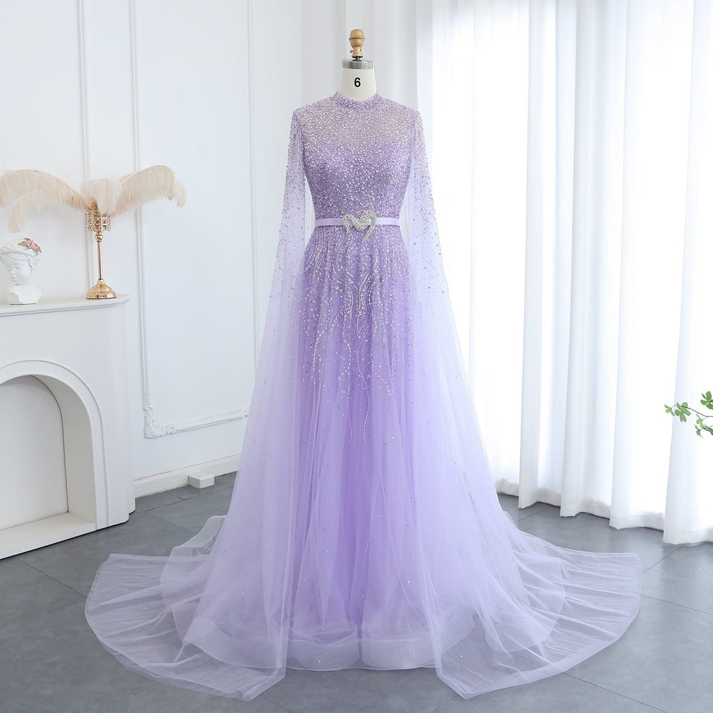 Luxury Blue A-Line Evening Dress with Cape Sleeves SS451