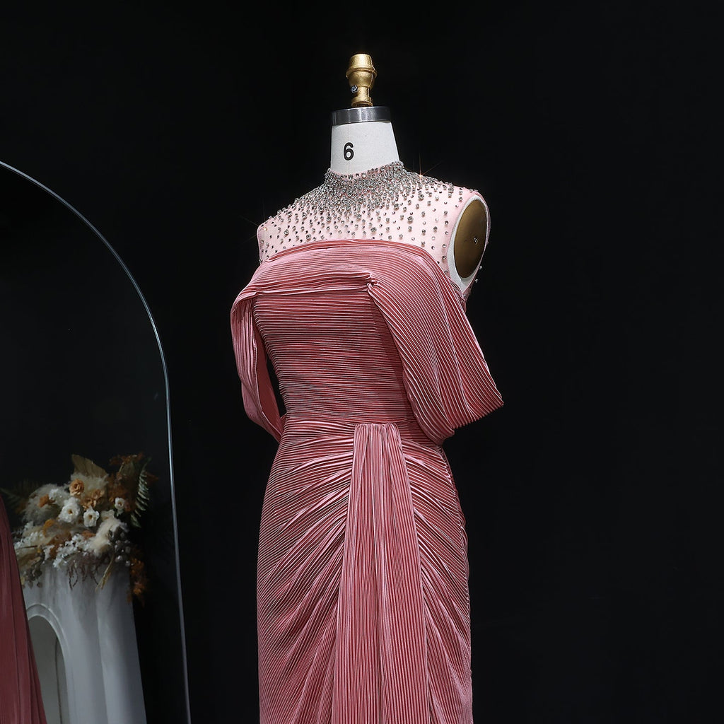 Luxury Purple Off-Shoulder Crystal Pleated Evening Dress with Overskirt SF407