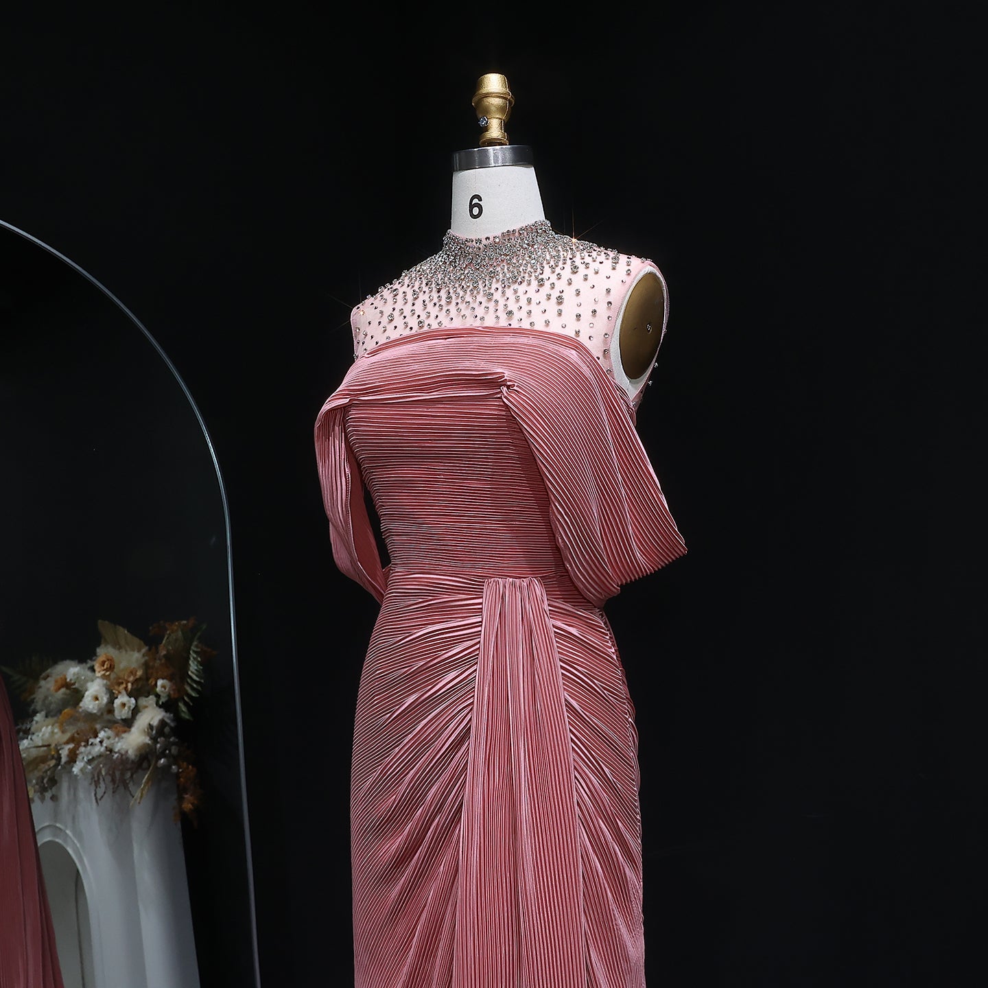 Luxury Purple Off-Shoulder Crystal Pleated Evening Dress with Overskirt SF407