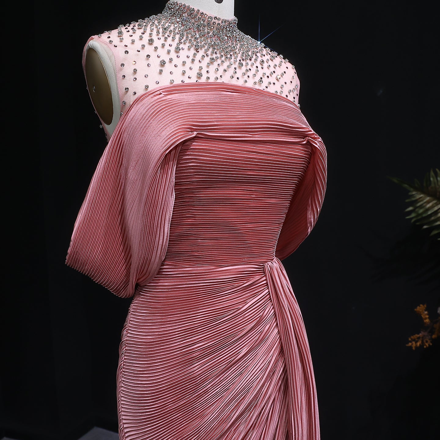 Luxury Purple Off-Shoulder Crystal Pleated Evening Dress with Overskirt SF407
