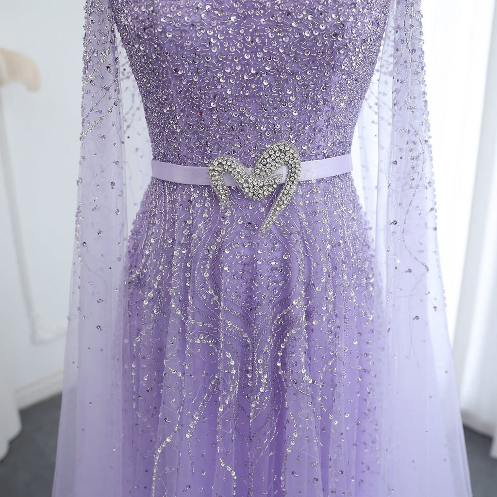 Luxury Blue A-Line Evening Dress with Cape Sleeves SS451