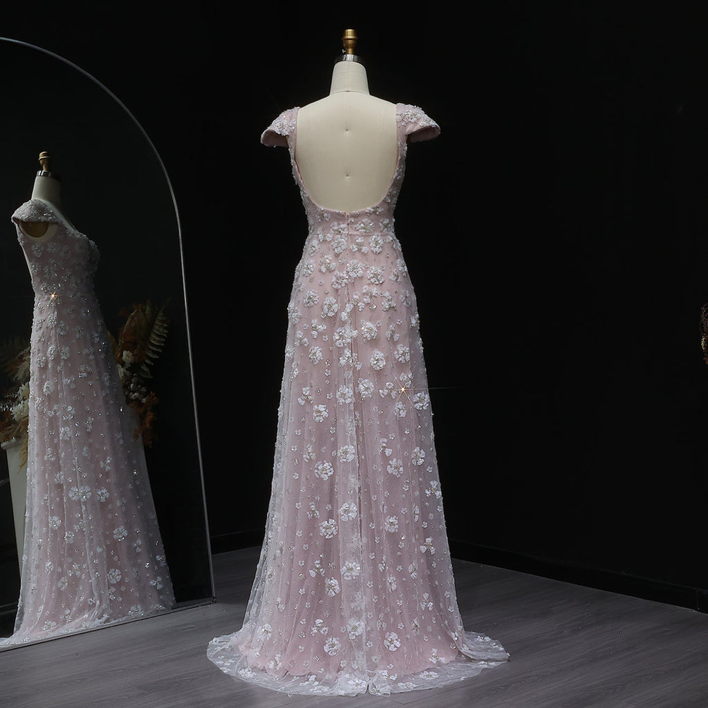 Chic Pink Floral Open Back Evening Dress SS602