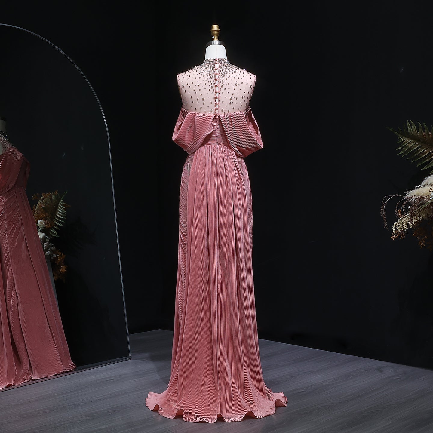 Luxury Purple Off-Shoulder Crystal Pleated Evening Dress with Overskirt SF407