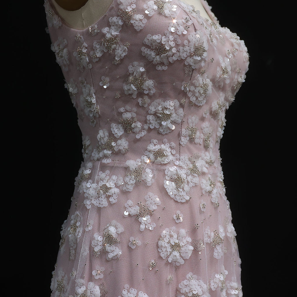 Chic Pink Floral Open Back Evening Dress SS602