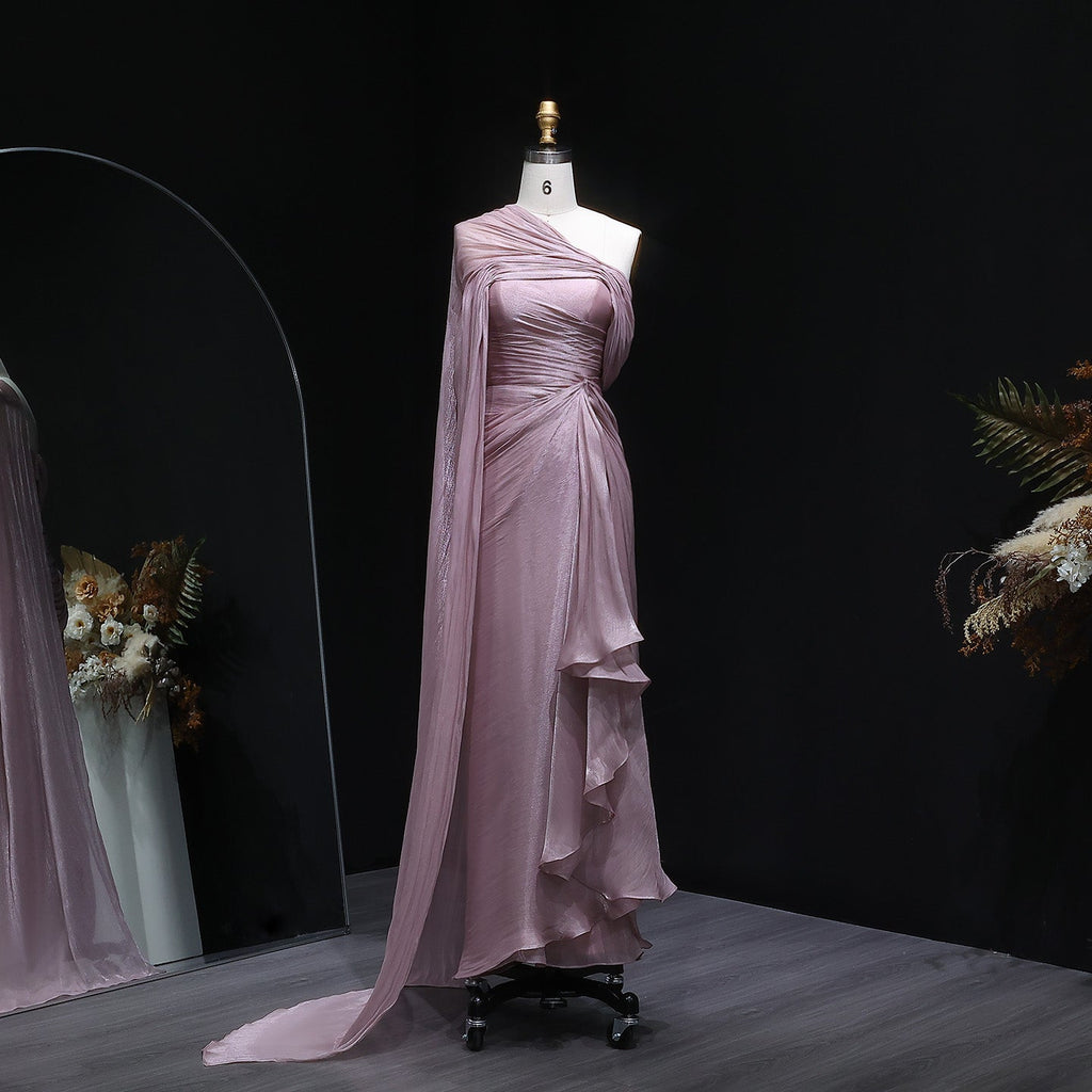 Elegant Lilac Draped Evening Dress with Cape SF199