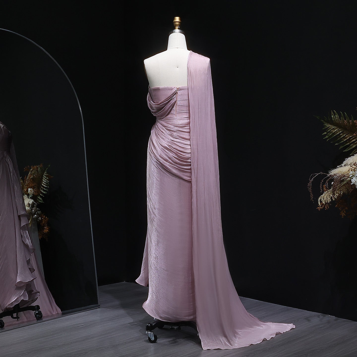 Elegant Lilac Draped Evening Dress with Cape SF199