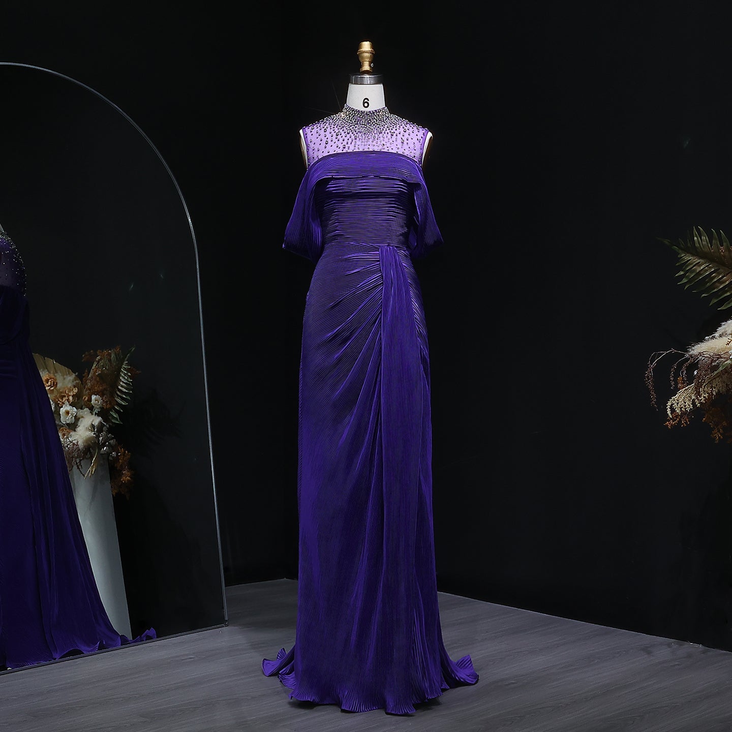 Luxury Purple Off-Shoulder Crystal Pleated Evening Dress with Overskirt SF407