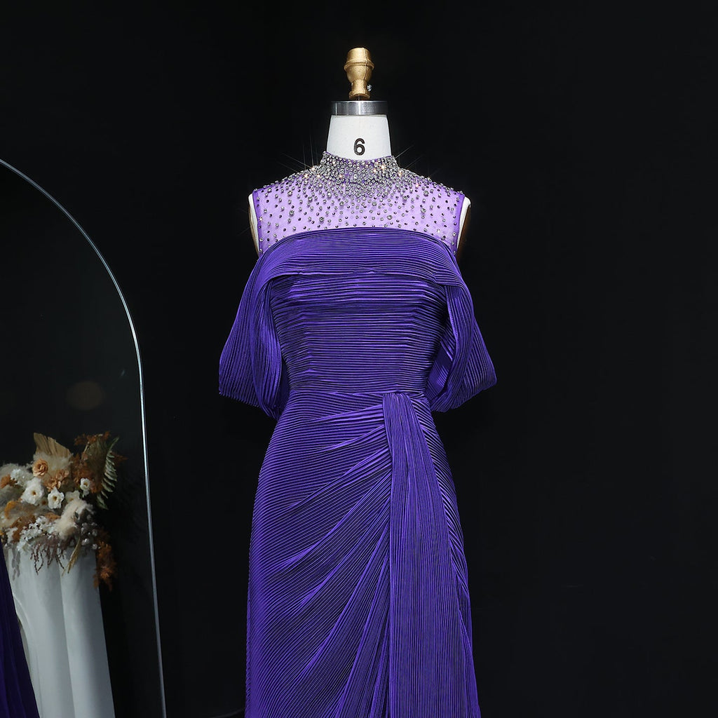 Luxury Purple Off-Shoulder Crystal Pleated Evening Dress with Overskirt SF407