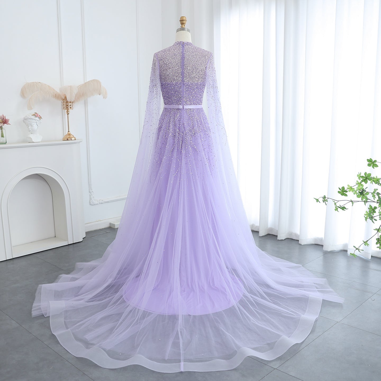 Luxury Blue A-Line Evening Dress with Cape Sleeves SS451